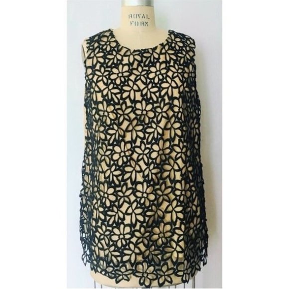 LELA ROSE BLACK BEIGE CUT-WORK FLORAL LACE SILK BLEND LONG TOP XL NWT - Picture 9 of 10